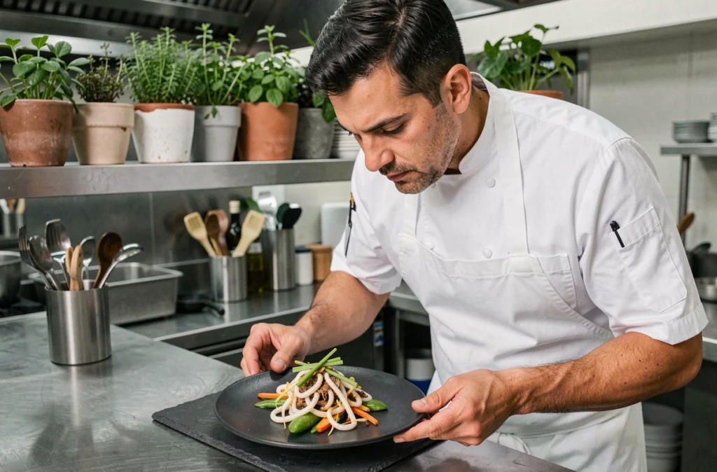 Chef cuisinier préparant un plat gastronomique à base de vers de coco sautés dans une cuisine professionnelle moderne