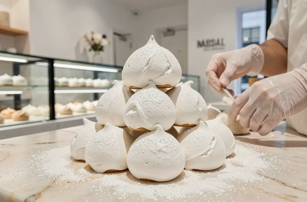 Dunes Blanches chez Pascal à Bordeaux, choux recouverts de meringue blanche et de sucre glace en pyramide sur marbre
