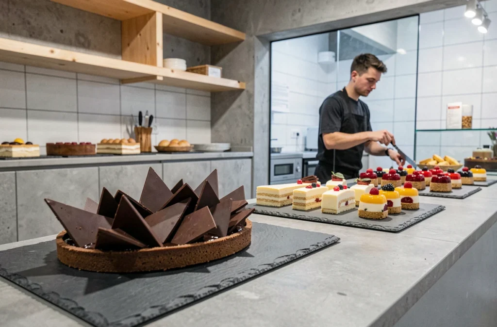 Vitrine de la pâtisserie Fink à Poitiers avec tarte au chocolat aux éclats géométriques et petits fours glacés contemporains