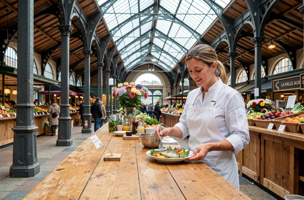 Intérieur de La Halle aux Grains à Annecy, cheffe en tablier blanc dressant un plat de perche du lac sous la verrière de la halle du XIXe siècle