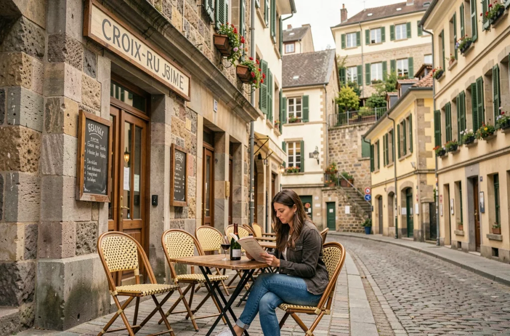 Terrasse du bistrot Joseph Viola sur les pentes de la Croix-Rousse à Lyon, femme lisant la carte devant un verre de Beaujolais