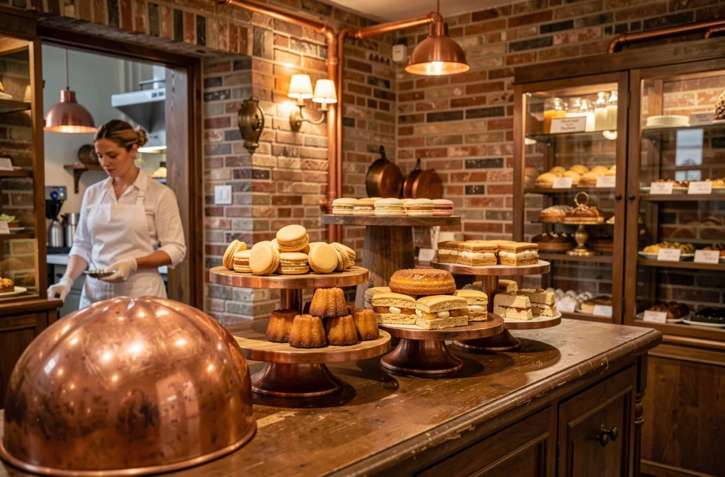 Vitrine de La Toque Cuivrée à Libourne avec cannelés bordelais caramélisés et macarons artisanaux