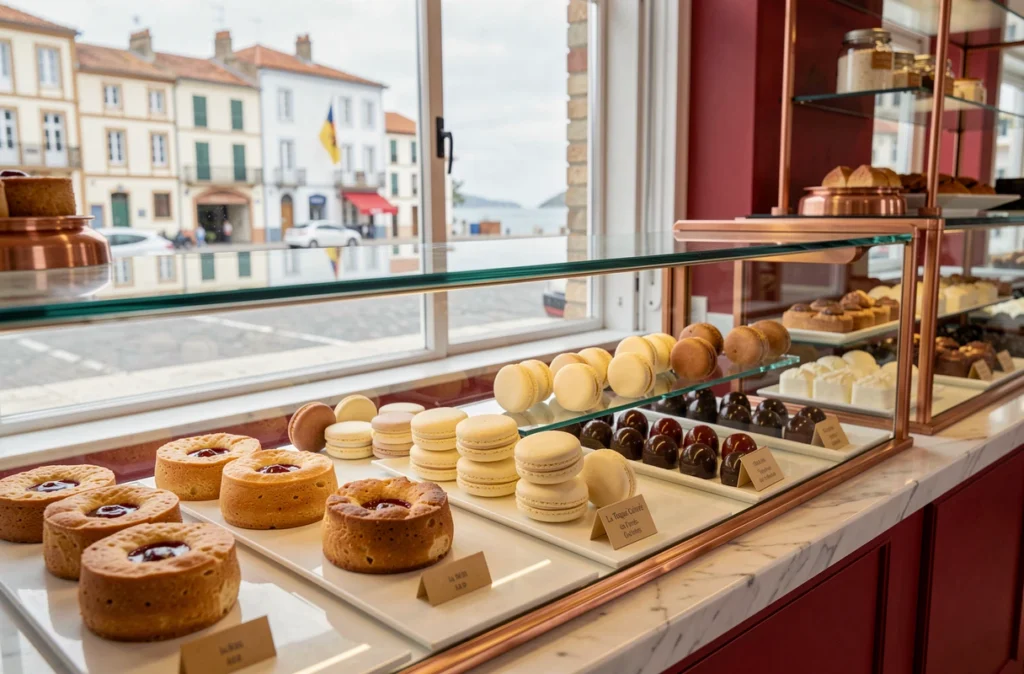 Vitrine de La Toque Cuivrée à Saint-Jean-de-Luz avec gâteaux basques, macarons amande et bonbons au chocolat avec vue sur la ville