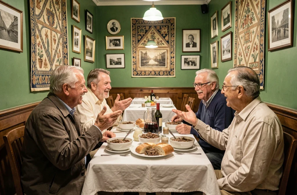 Scène de mâchon au bistrot Le Garet à Lyon avec tablées de convives dégustant andouillette et carafe de vin rouge