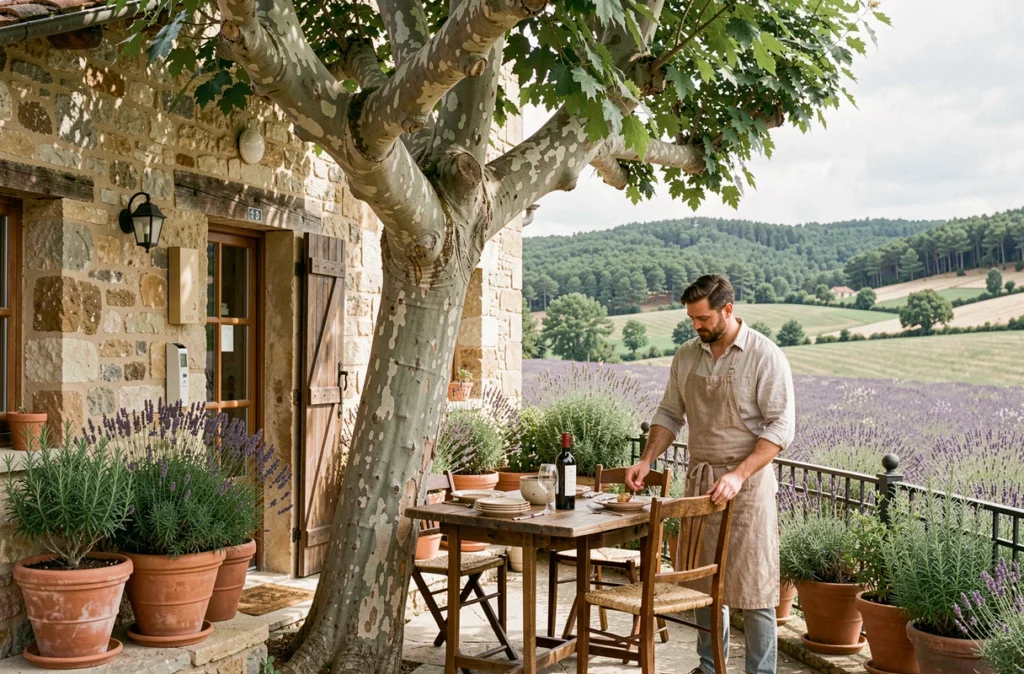 Terrasse rustique du bistrot Le Mistral dans la Drôme, serveur dressant une table sous un platane avec vue sur les collines