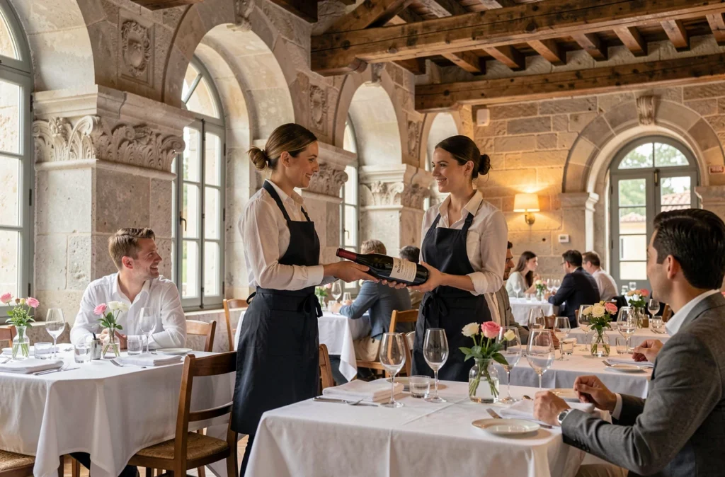 Salle gastronomique de La Maison des Têtes à Valence, sommelière présentant un Crozes-Hermitage dans un décor de pierre sculptée du XVIIe siècle