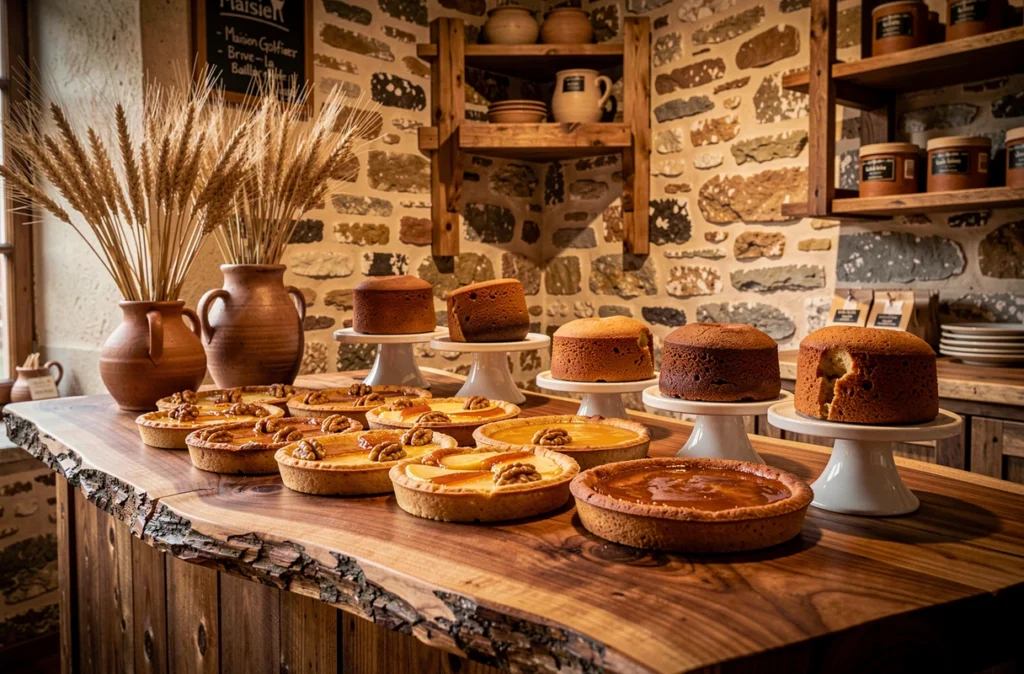 Comptoir de la Maison Golfier à Brive-la-Gaillarde avec tarte aux noix caramélisée et babas au rhum sur bois massif