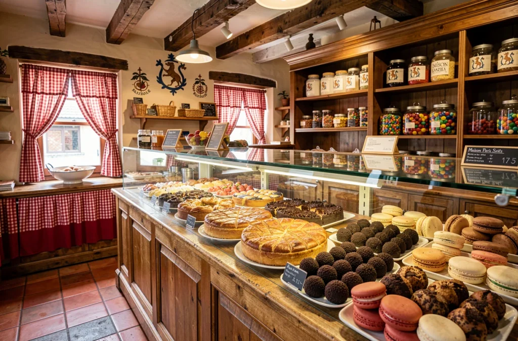 Devanture de Maison Pariès au Pays basque avec le gâteau basque traditionnel et les mouchous macarons régionaux