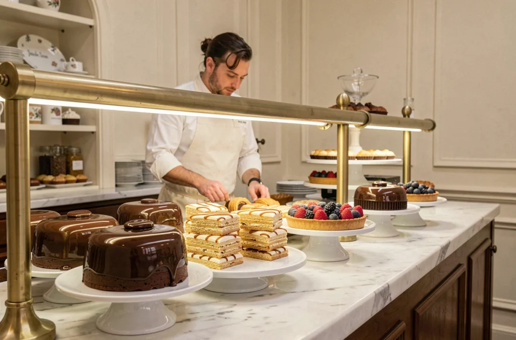 Comptoir de la Maison Seguin à Bordeaux avec ses pâtisseries fines aux glaçages brillants et ses entremets au chocolat