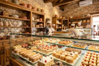 Vitrine d'une pâtisserie artisanale en Nouvelle-Aquitaine avec une large sélection de pâtisseries françaises traditionnelles