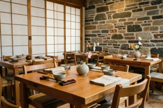 Salle de restaurant japonais raffiné en Auvergne-Rhône-Alpes, alliant décor nippon minimaliste et architecture régionale en pierre