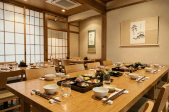 Intérieur d'un restaurant japonais dans les Hauts-de-France avec tables dressées, baguettes et décoration japonaise traditionnelle
