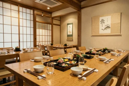 Intérieur d'un restaurant japonais dans les Hauts-de-France avec tables dressées, baguettes et décoration japonaise traditionnelle