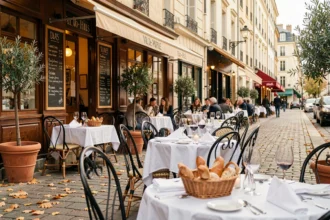 Scène de rue animée avec des terrasses de restaurants typiques du Val-de-Marne, tables dressées et façades de bistrots parisiens