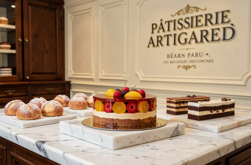 Comptoir de la Pâtisserie Artigarrède à Pau avec entremets à glaçage miroir et Paris-Brest artisanaux
