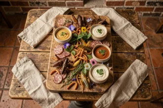 Plateau de dégustation d'insectes comestibles grillés présenté comme une charcuterie artisanale sur une table en bois rustique