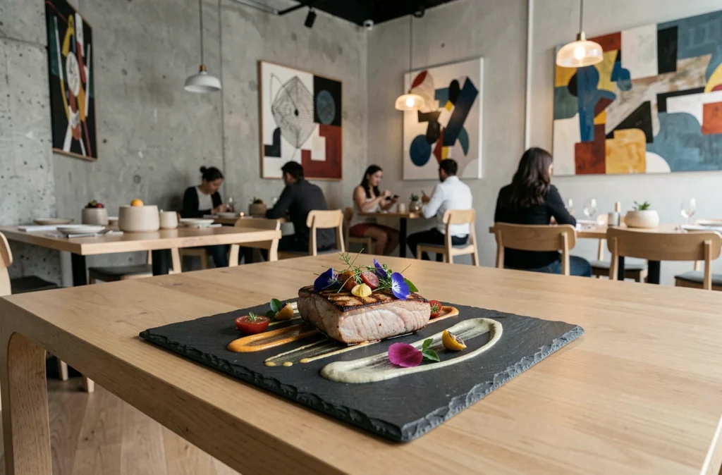 Assiette créative et avant-gardiste du restaurant Absolu à Vincennes, dressage artistique sur table en bois brut