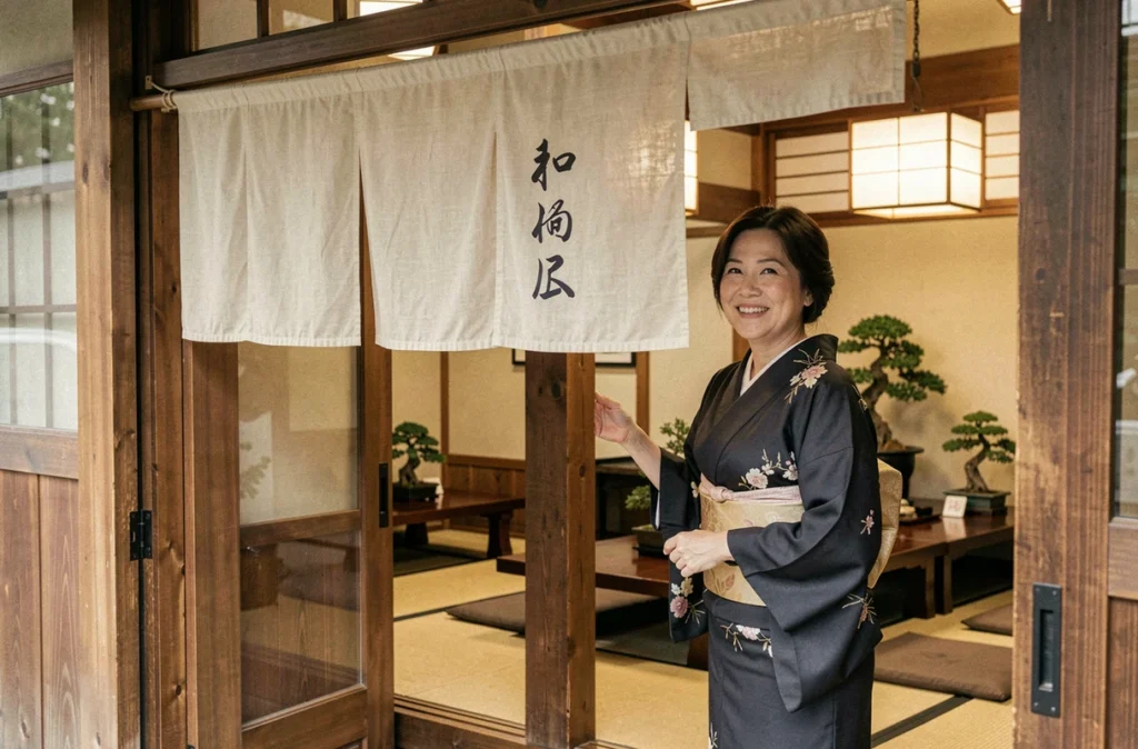 Hôtesse accueillant les clients à l'entrée du restaurant Akira à Lille avec décor traditionnel japonais