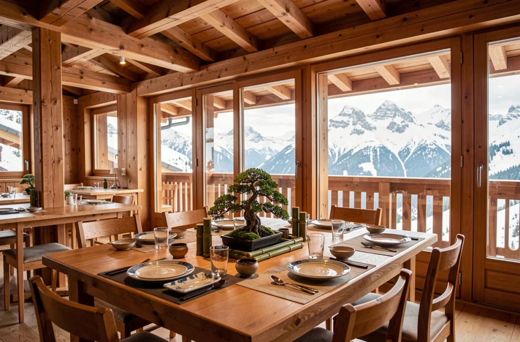 Intérieur du restaurant Anata à Megève, alliant décor japonais épuré et architecture chalet savoyard avec vue sur les Alpes enneigées