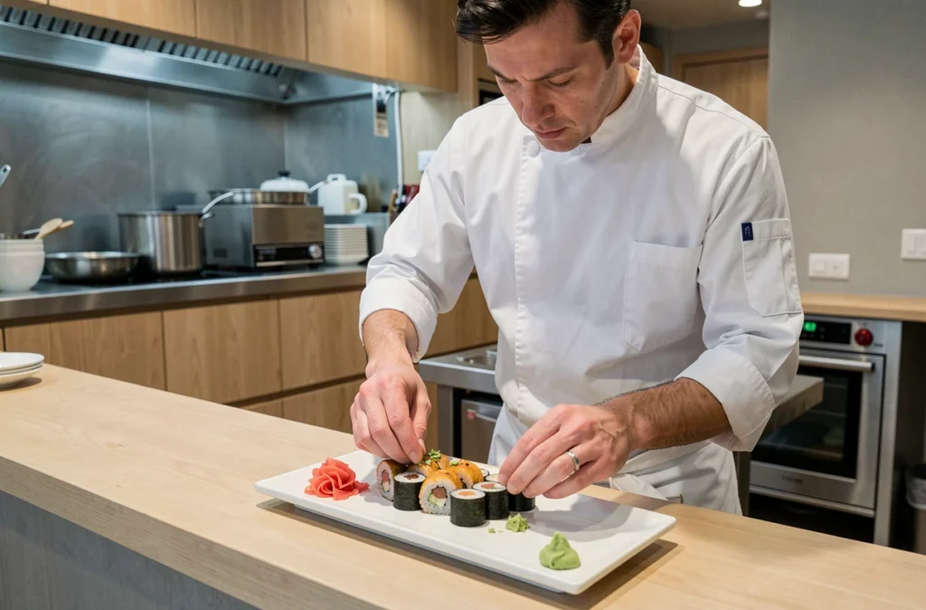 Chef du restaurant Aoyama à Lille dressant un plateau de makis dans une cuisine ouverte moderne