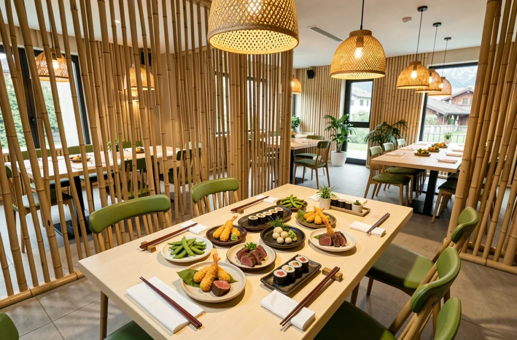 Table de partage au restaurant Bamboo à Argonay avec assortiment de spécialités japonaises, makis, tempura et tataki de wagyu sur céramiques artisanales