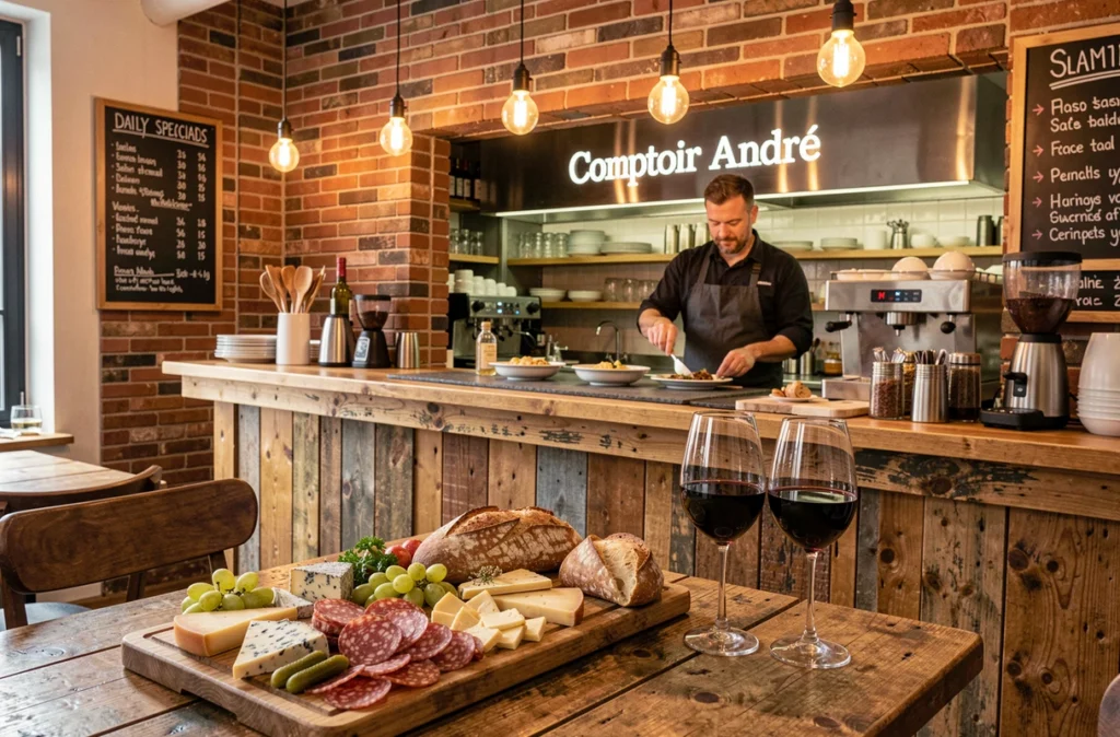 Planche de charcuterie et fromages sur comptoir en bois au Comptoir André, bistrot convivial du Val-de-Marne avec cuisine ouverte