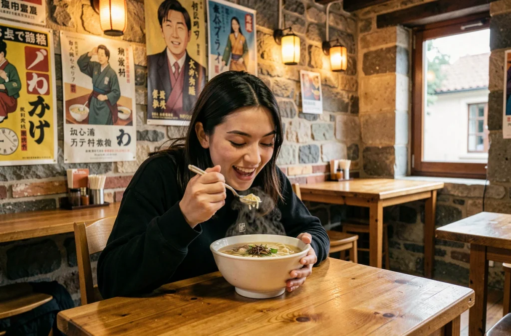 Jeune femme savourant un bol de ramen miso fumant au restaurant Gokaï Ramen au Puy-en-Velay, dans une salle aux murs en pierre volcanique décorés d'affiches japonaises