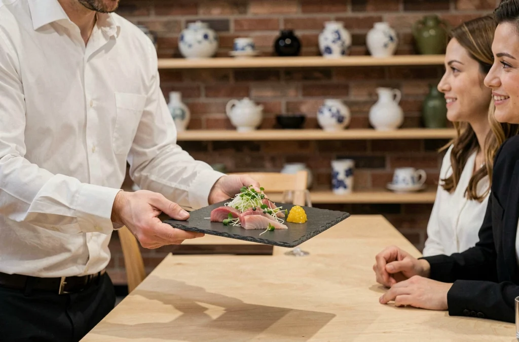 Plat de sashimi raffiné servi dans le restaurant japonais Jomon à Lille, avec présentation soignée sur ardoise