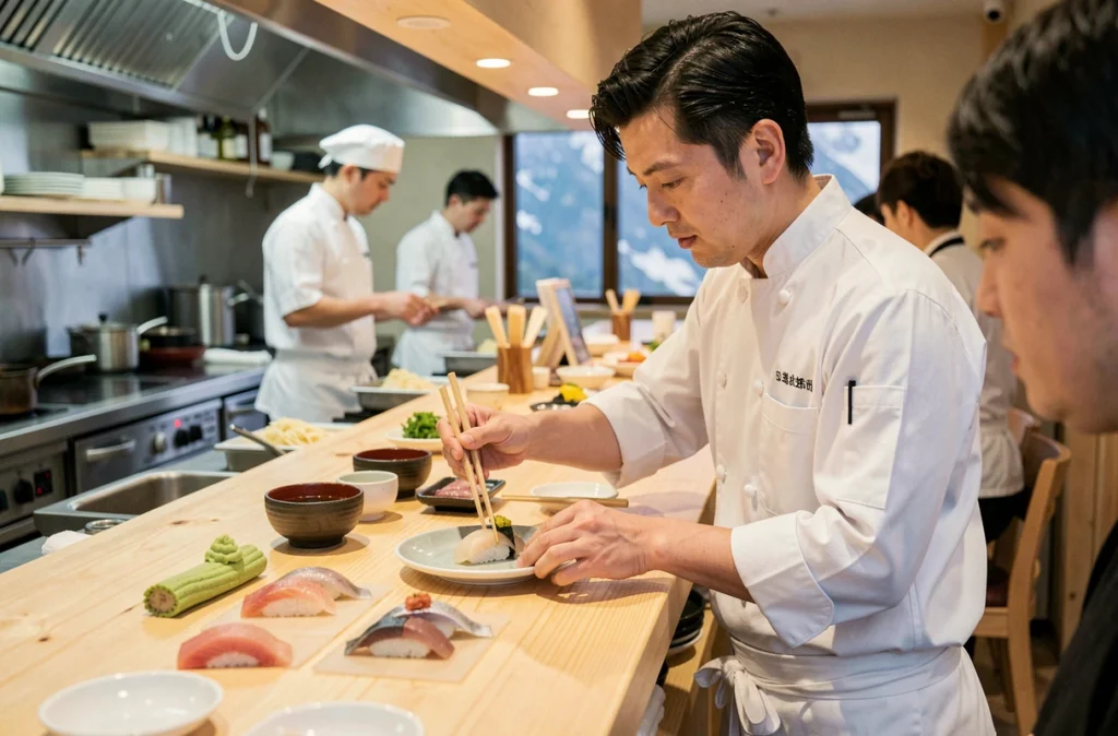 Chef japonais préparant des nigiri sushi au comptoir omakase du restaurant Kaito à Megève, avec ingrédients frais disposés sur bois de hinoki