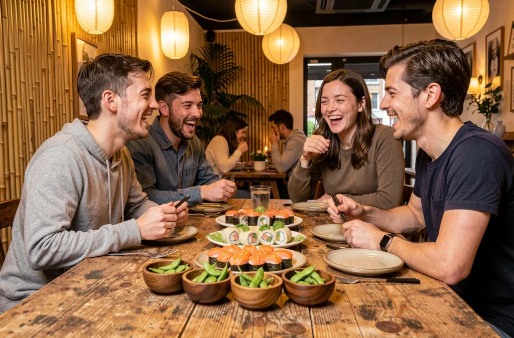 Groupe d'amis partageant des temaki et edamame au restaurant Kisoro à Lille