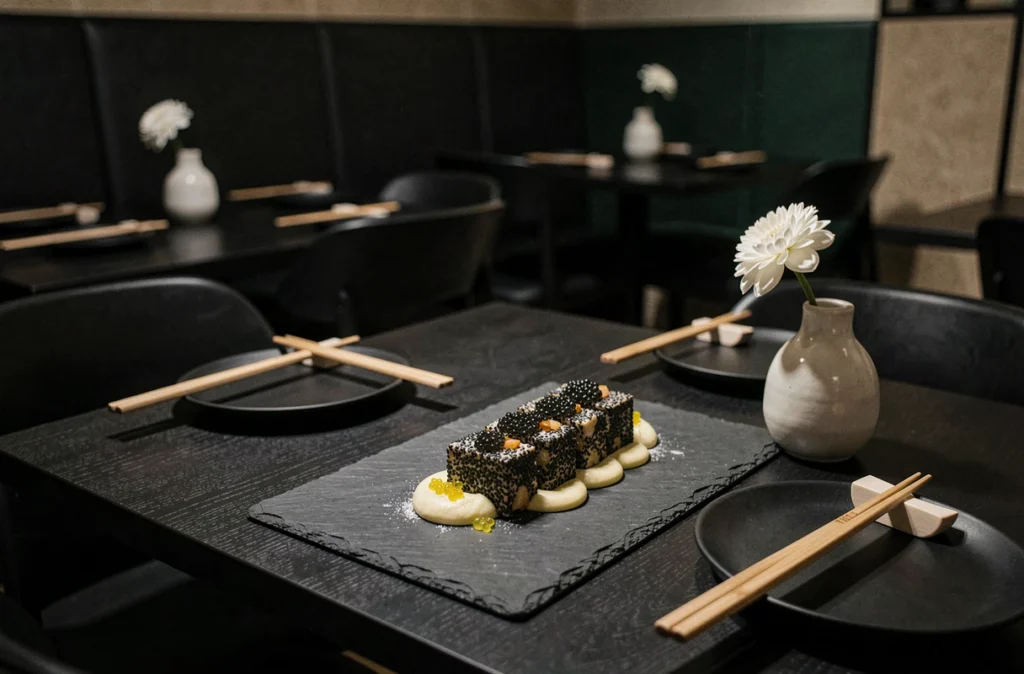 Assiette signature du restaurant Kuro à Lyon, tofu au sésame noir et caviar sur ardoise, dans un cadre intérieur japonais épuré aux tons sombres