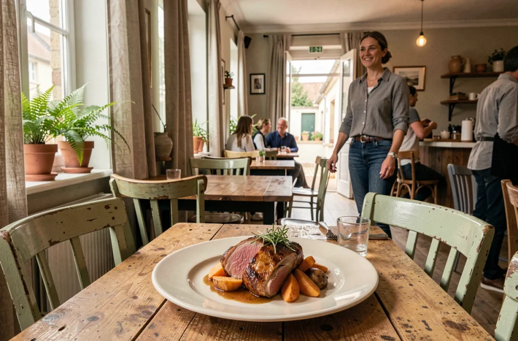 Intérieur chaleureux du restaurant L'Inattendu à Villecresnes avec assiette de cuisine française de saison