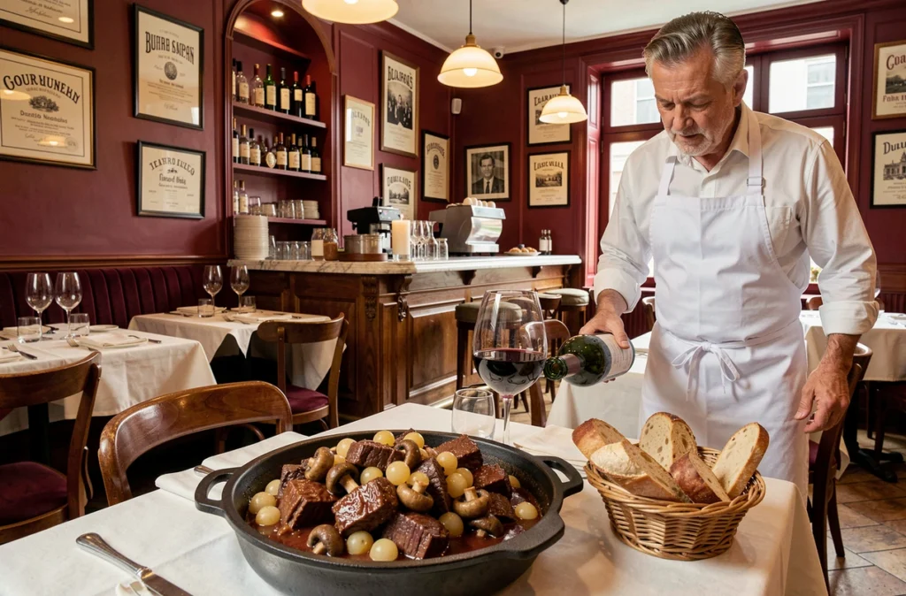 Table classique avec boeuf bourguignon et carafe de vin rouge dans le restaurant La Bourgogne, cuisine traditionnelle française