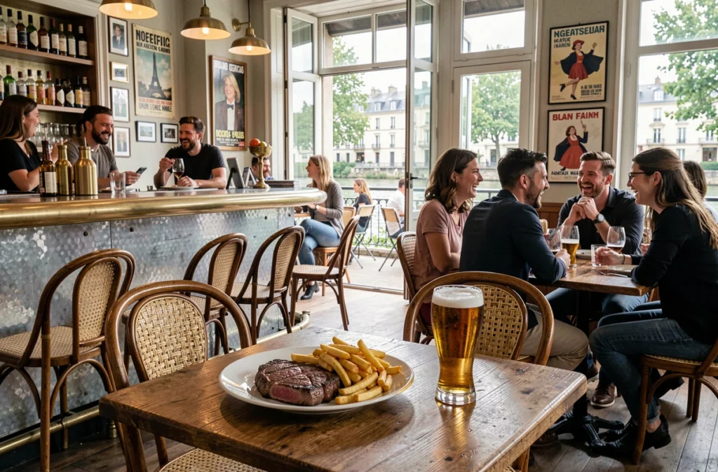 Terrasse animée du bistrot-brasserie La Salamandre à Nogent-sur-Marne avec steak-frites et vue sur la Marne