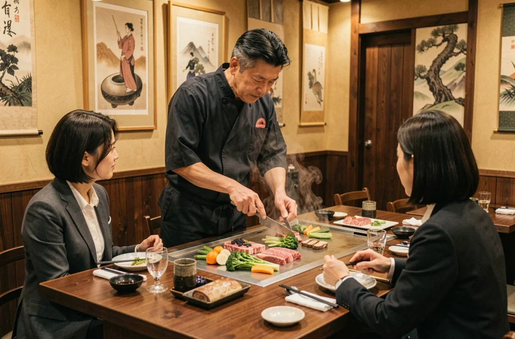 Chef en pleine démonstration de cuisine teppanyaki au restaurant Le Kabuki à Annecy, avec bœuf premium et légumes grillés devant des convives élégants