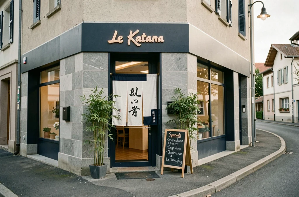 Façade du restaurant Le Katana à La Tronche, avec rideau noren japonais en marine et blanc et ardoise des spécialités du jour en français