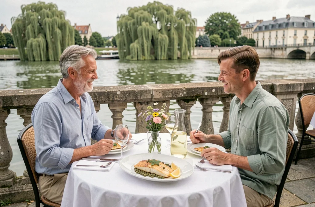 Terrace au bord de la Marne avec sole meunière et carafe de vin blanc au restaurant Le Petit Pont à Joinville-le-Pont