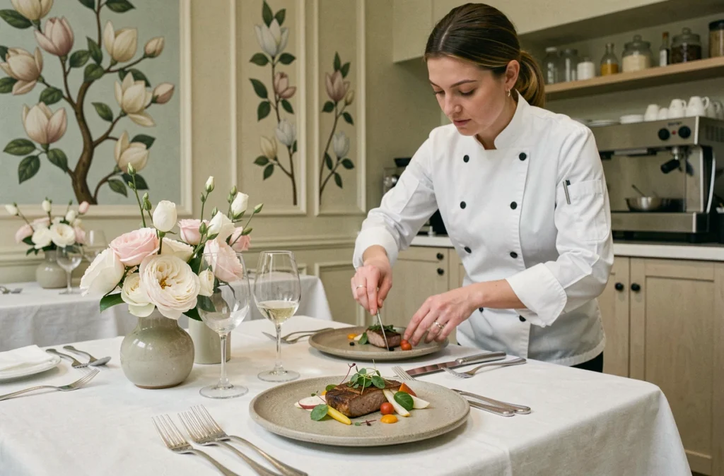 Salle élégante du restaurant Les Magnolias au Perreux-sur-Marne, assiette gastronomique finement dressée par une cheffe
