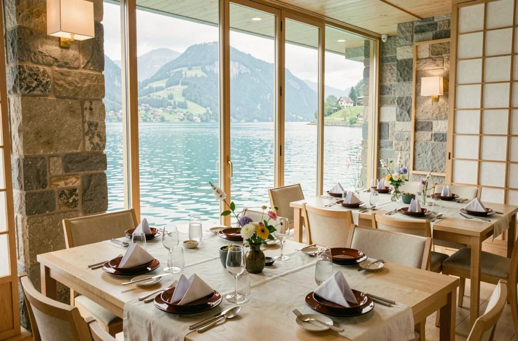 Salle du restaurant Minami à Annecy avec vue panoramique sur le lac turquoise, tables japonaises dressées et cloisons shoji en papier traditionnel