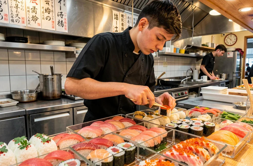 Jeune chef préparant des nigiri et dragon rolls au comptoir du restaurant Moshi Moshi à Lille