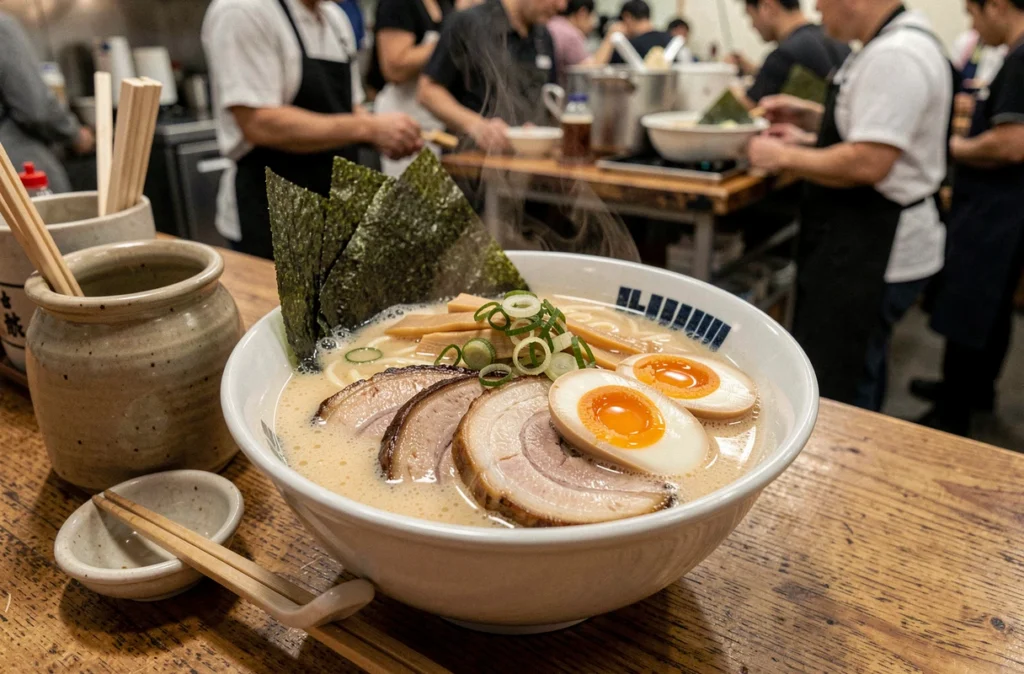 Bol de ramen tonkotsu fumant du restaurant Ramen Masa à Lyon, avec chashu porc, œuf mollet doré, nori et bouillon crémeux servi au comptoir