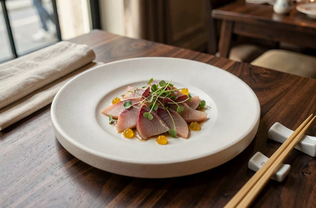Assiette gastronomique japonaise raffinée du restaurant Takao Takano à Lyon, avec sashimi, gel yuzu et réduction dashi sur céramique artisanale