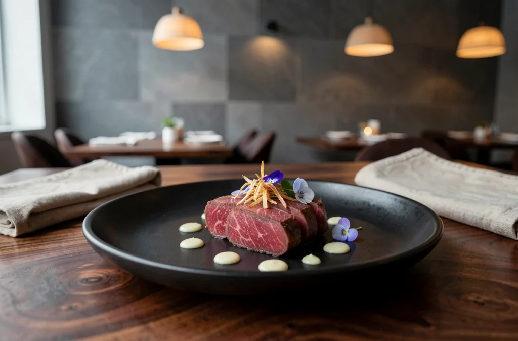 Tataki de wagyu avec ponzu et fleurs comestibles servi au restaurant UMAMI à Lille