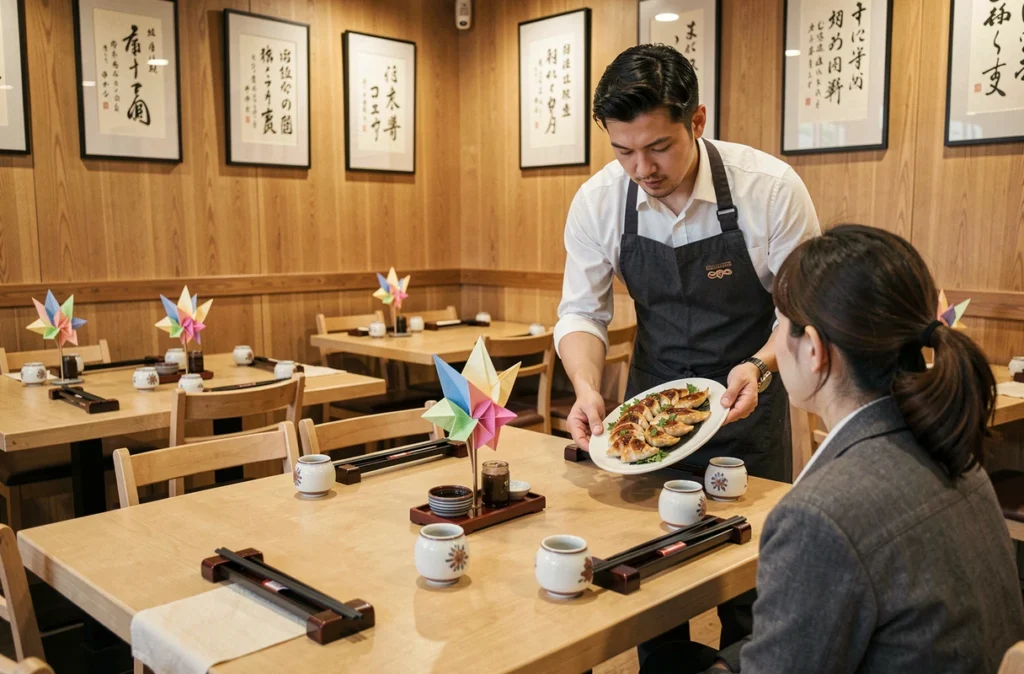 Salle de restaurant UMAMI à Valenciennes avec tables dressées, gyozas et décoration japonaise authentique