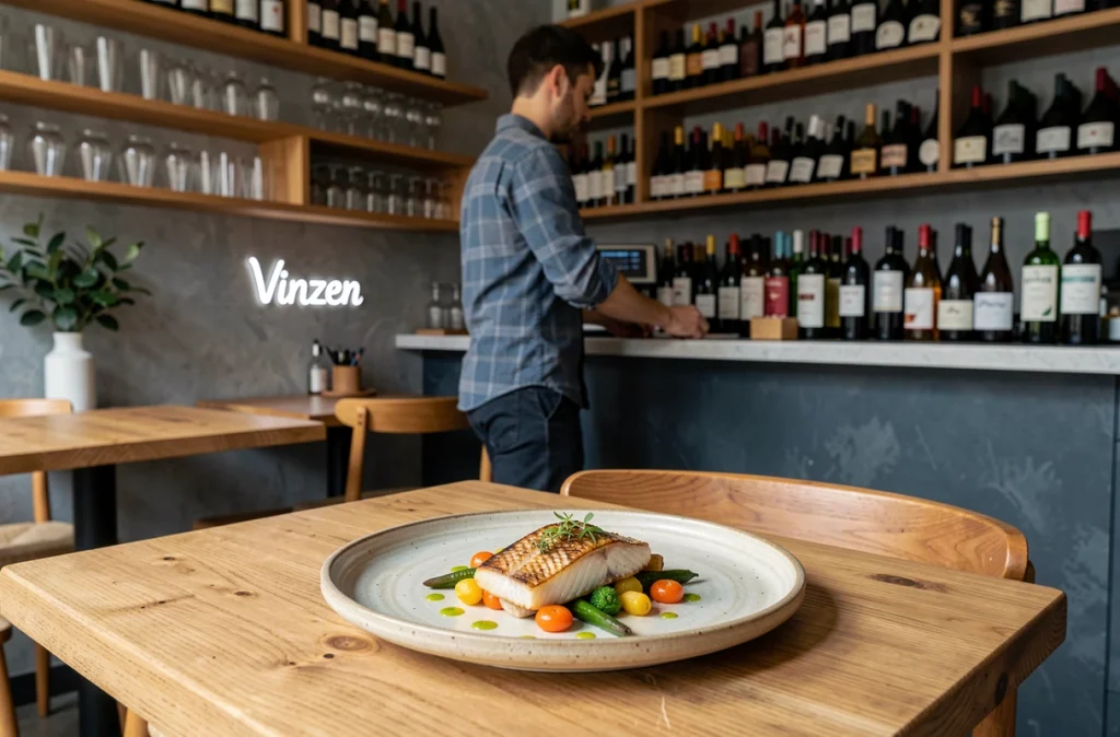 Assiette soignée et mur de vins naturels au bistrot Vinzen à Vincennes, ambiance moderne et épurée