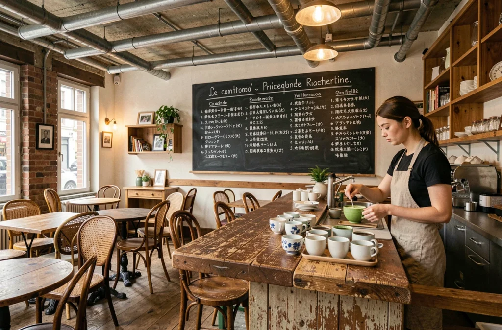 Intérieur éclectique du Salon UBU à Lille avec ambiance café franco-japonais et boisson au matcha