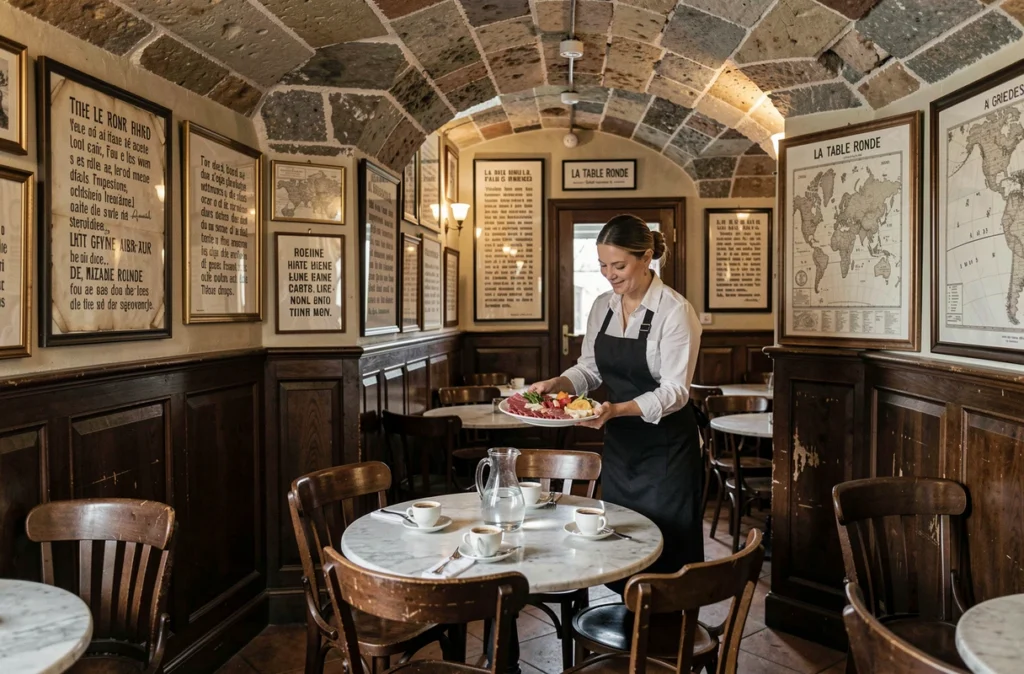 Intérieur historique de La Table Ronde à Grenoble, voûtes en pierre basse et serveuse en tablier noir apportant de la charcuterie locale