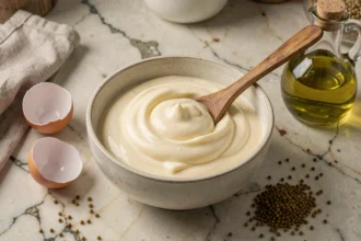 Bol de mayonnaise épaisse et brillante maison avec cuillère en bois sur plan de travail en marbre, entouré d'œufs et d'huile d'olive