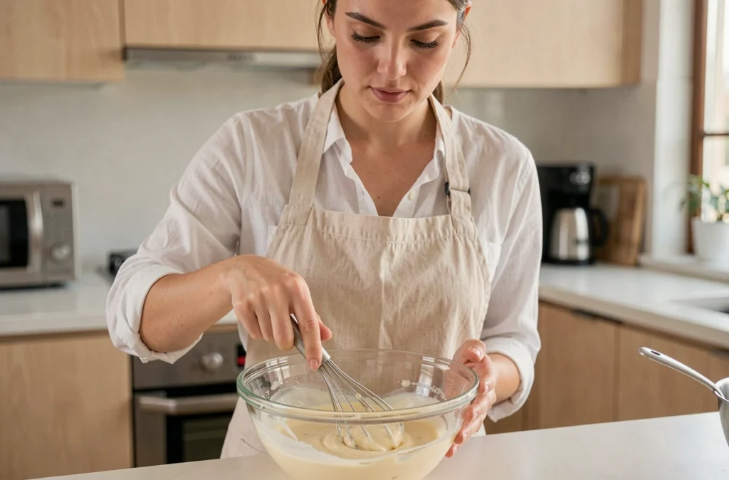 Femme préparant une mayonnaise maison épaisse en fouettant à la main dans un bol en verre dans une cuisine moderne
